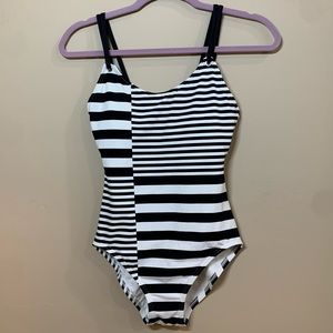 Michael Kors Stripe Group Black and White Strappy One Piece Swimsuit, NW…